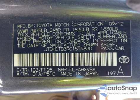 2012 Toyota Prius C Two from USA, damaged, VIN JTDKDTB39C1519830